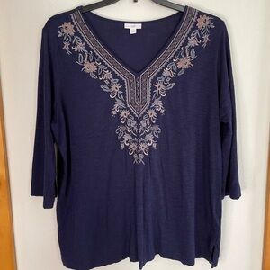 J. Jill Navy Blue Embroidered V-Neck Top Women’s Size XL